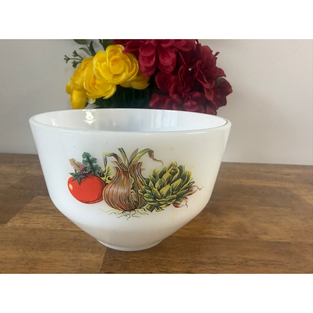 Vintage Milk Glass Vegetable Mixing Bowl Farmhouse Produce Pattern Kitchen Decor